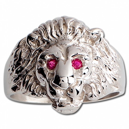 Chevalière tête de lion Argent et Rubis