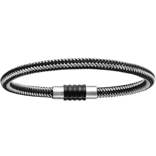 Bracelet acier tressé 2 tons et motif pvd noir 