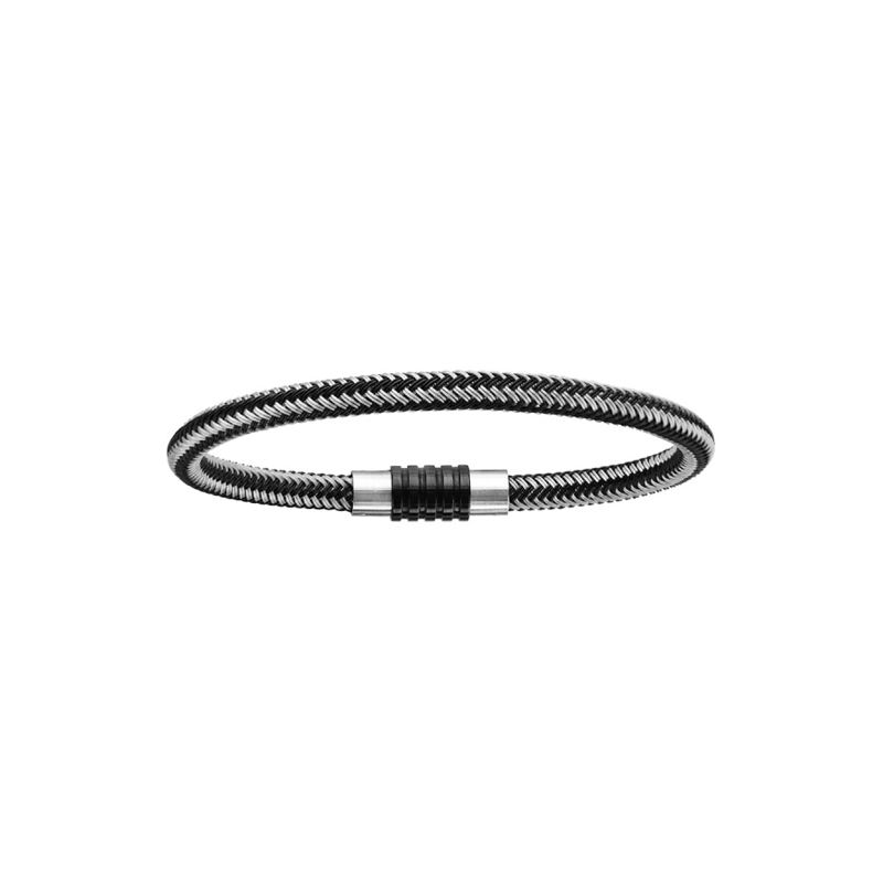 Bracelet acier tressé 2 tons et motif pvd noir 