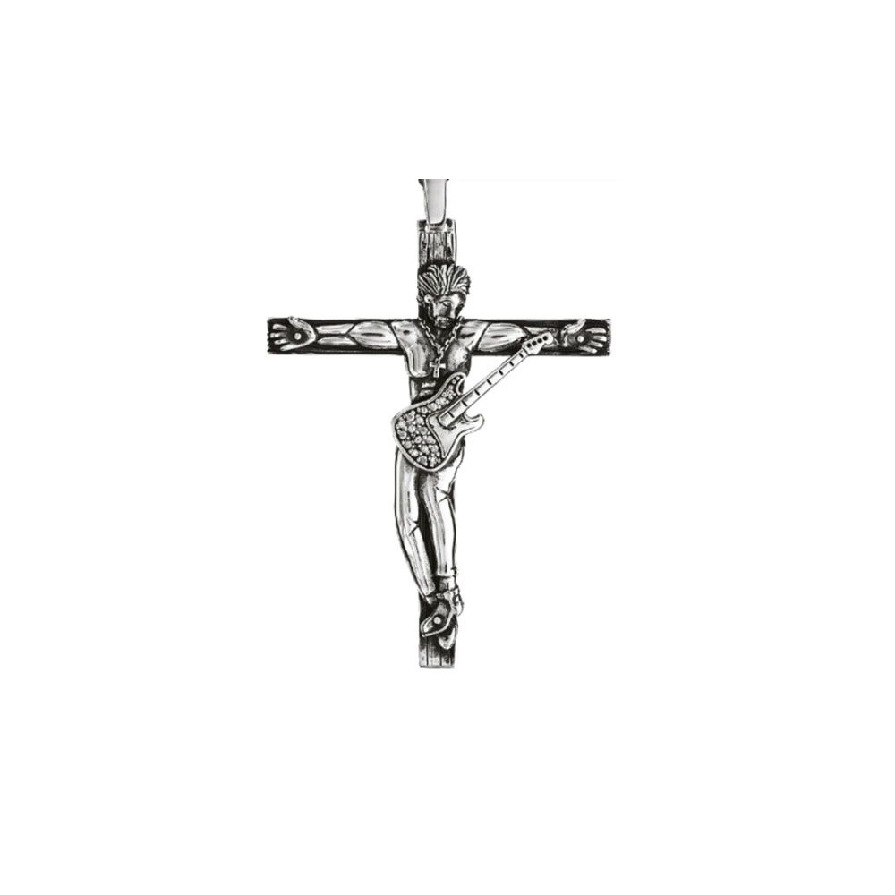 Collier homme Argent rhodié croix Rock et oxydes de zirconium