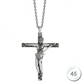 Collier homme Argent rhodié finition vieilli croix Rock et oxydes de zirconium