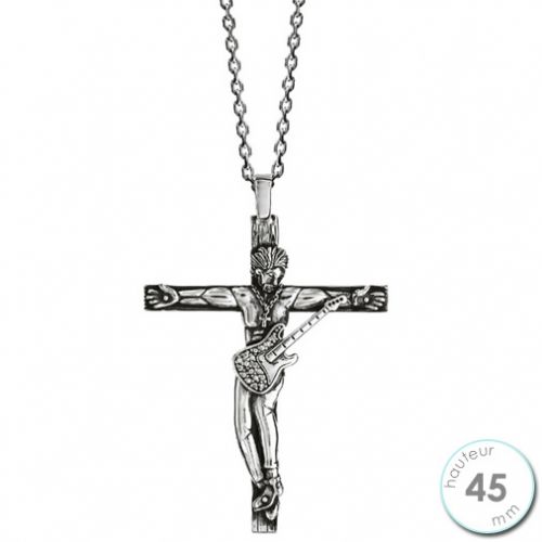 Collier homme Argent rhodié finition vieilli croix Rock et oxydes de zirconium