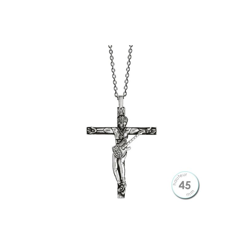 Collier homme Argent rhodié finition vieilli croix Rock et oxydes de zirconium