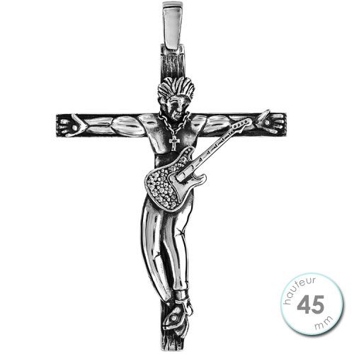 Pendentif Argent rhodié croix Rock et oxydes de zirconium finition vieilli