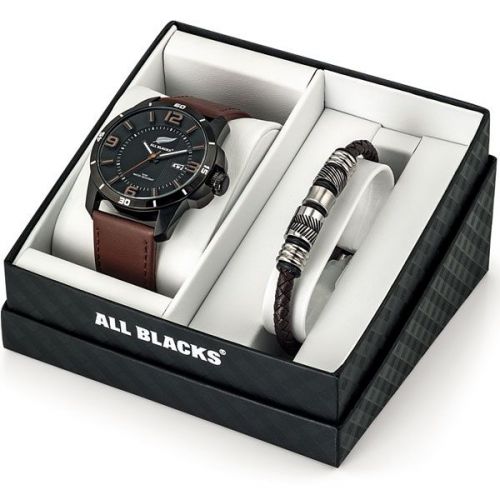 Coffret de montre homme All Blacks cuir marron + bracelet en acier