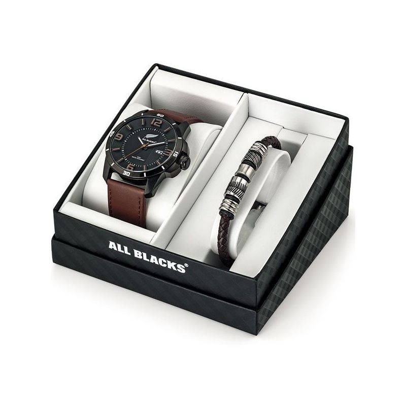 Coffret de montre homme All Blacks cuir marron + bracelet en acier