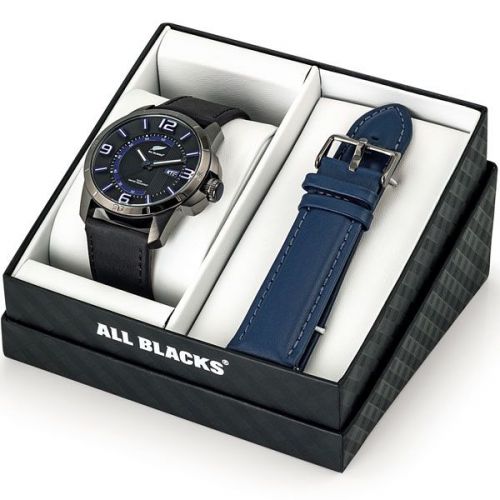 Coffret de montre homme All Blacks cuir noir + bracelet bleu en cuir