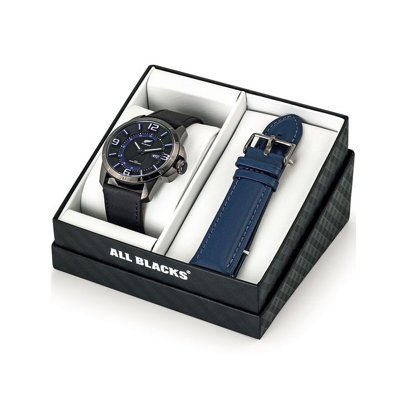 Coffret de montre homme All Blacks cuir noir + bracelet bleu en cuir