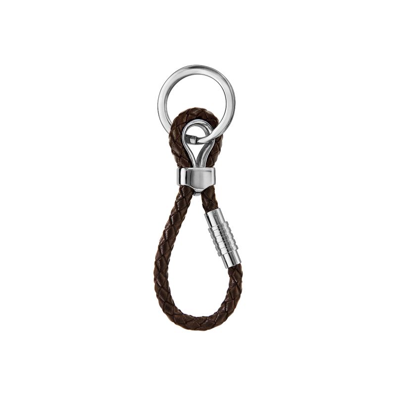 Porte clé acier et cuir marron 