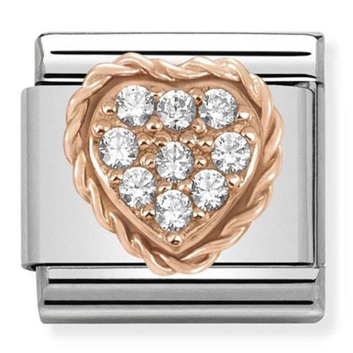 Maillon Nomination classic coeur pavé oxydes blancs en Or rose