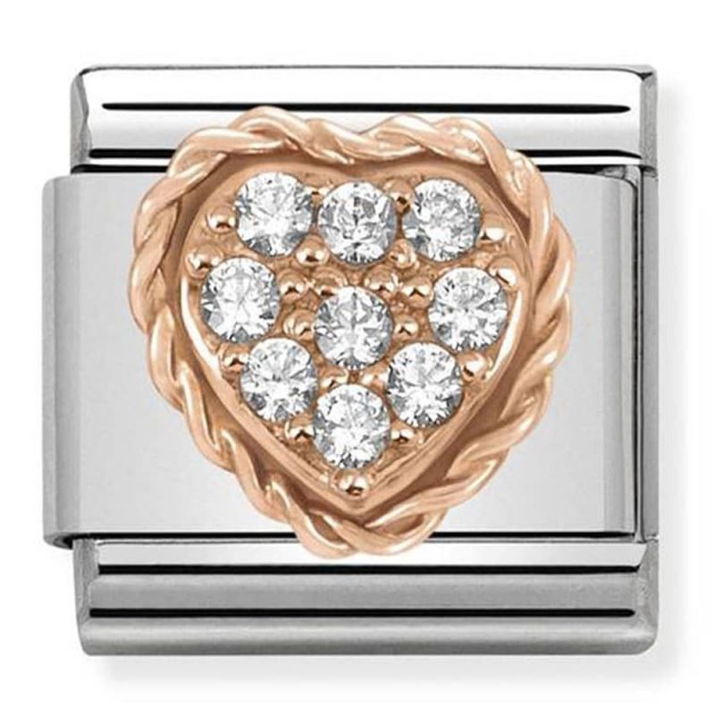 Maillon Nomination classic coeur pavé oxydes blancs en Or rose