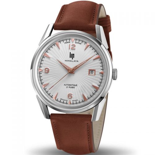 Montre homme Lip Himalaya automatique cuir marron fond blanc