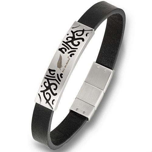 Bracelet homme All Blacks cuir noir plaque acier tribal