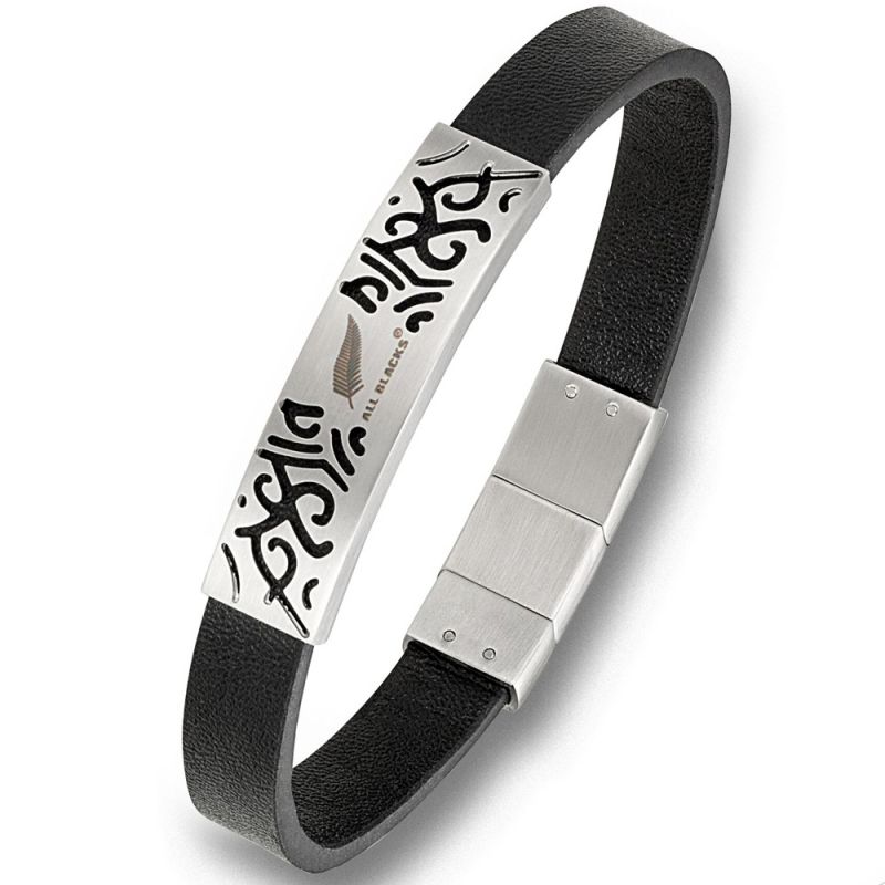 Bracelet homme All Blacks cuir noir plaque acier tribal