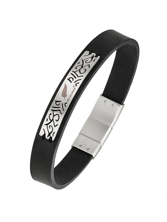 Bracelet homme All Blacks cuir noir plaque acier tribal