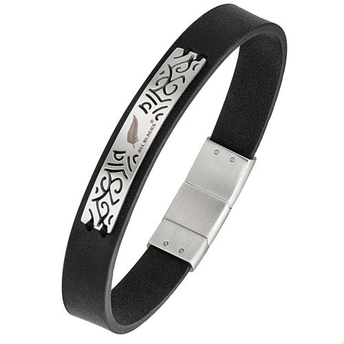 Bracelet homme All Blacks cuir noir plaque acier tribal