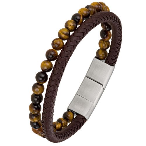 Bracelet homme All Blacks cuir marron et oeil de tigre
