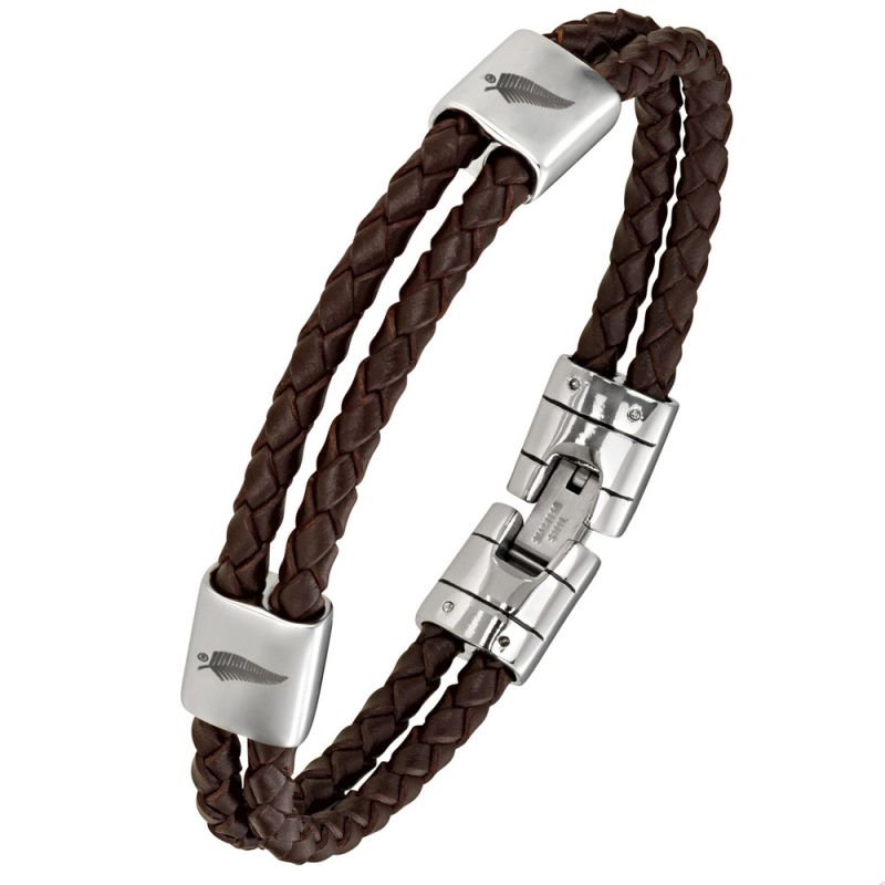 Bracelet homme All Blacks cuir marron tressé et acier