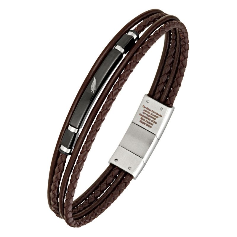Bracelet homme All Blacks cuir marron tressé et acier