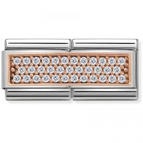 Maillon Nomination classic double plaque pavé oxydes blancs en Or rose