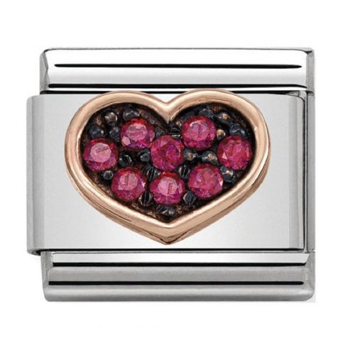 Maillon Nomination classic coeur Or rose pierres rouges
