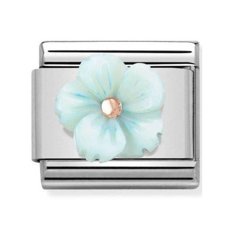 Maillon Nomination classic fleur en résine bleue ciel en Or rose