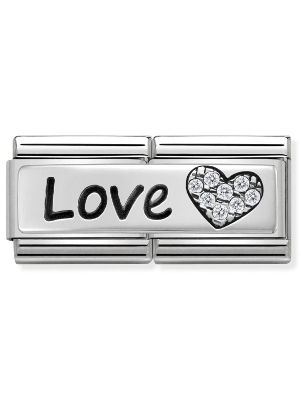 Maillon Nomination classic Amour Message Love Coeur avec Pierres blanches en Argent
