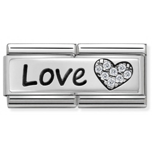 Maillon Nomination classic Amour Message Love Coeur avec Pierres blanches en Argent