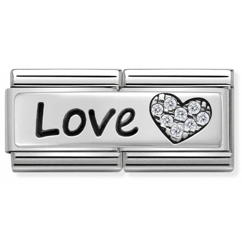 Maillon Nomination classic Amour Message Love Coeur avec Pierres blanches en Argent