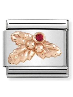 Maillon Nomination classic Evénement Noël Brin de Houx avec Pierre rouge en Or rose