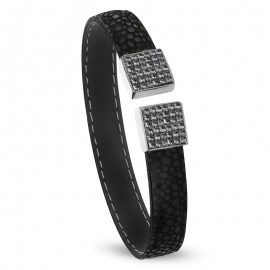 Bracelet jonc Spark Cuir Onyx noir et Argent