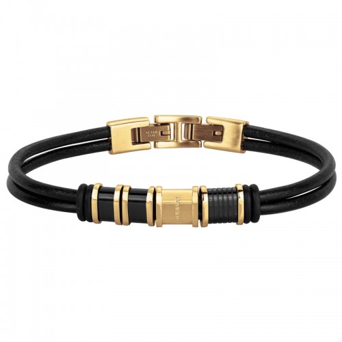 Bracelet Phebus Homme Acier et Cuir lisse noir doré