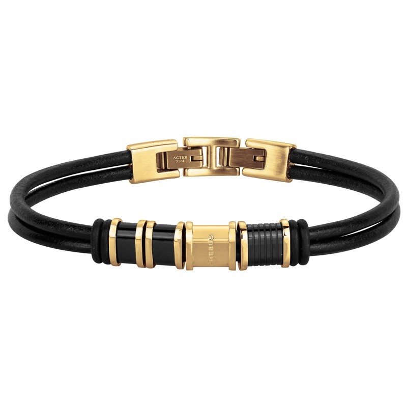 Bracelet Phebus Homme Acier et Cuir lisse noir doré