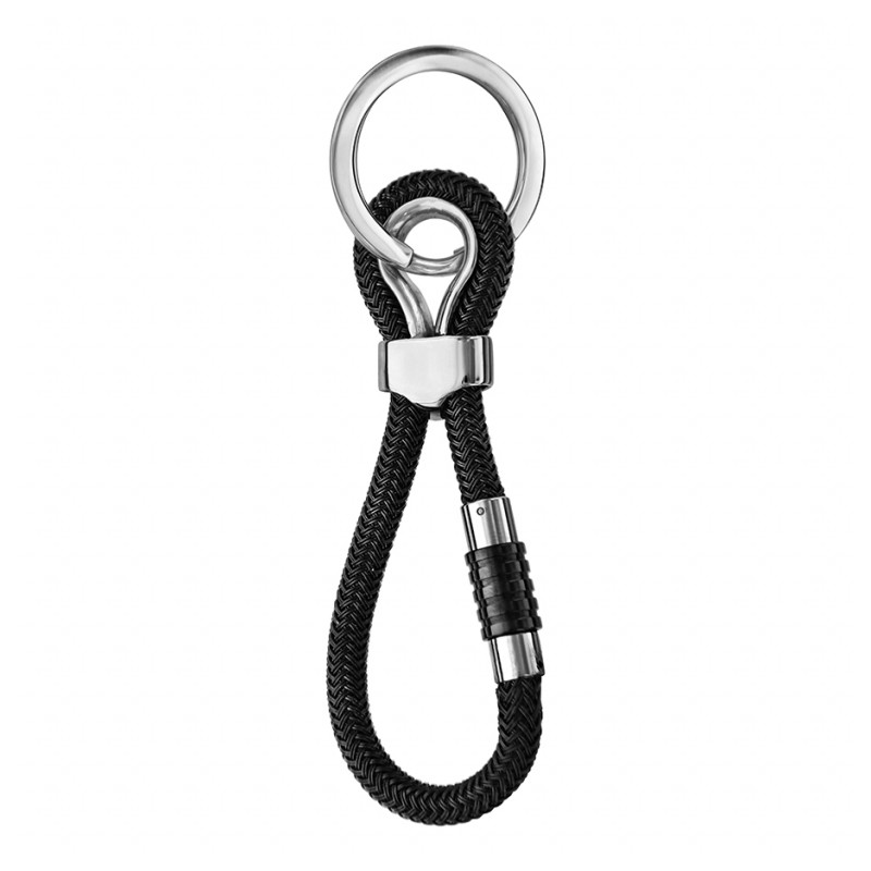 Porte clé acier et cuir noir