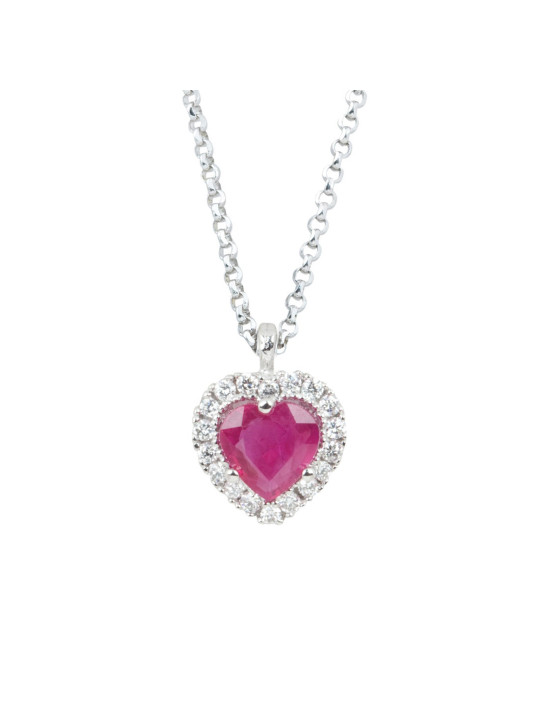 Collier Coeur Or blanc 750 Diamants et Rubis