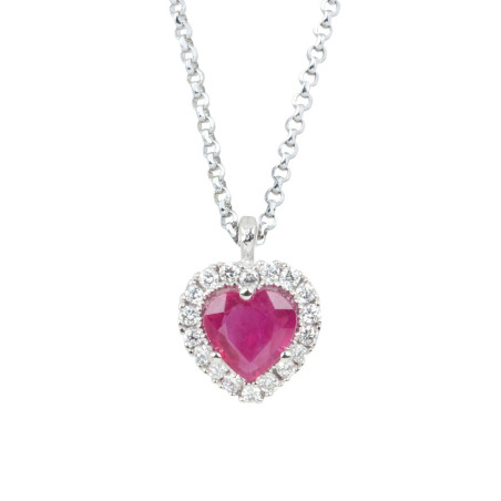 Collier Coeur Or blanc 750 Diamants et Rubis