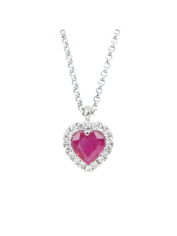 Collier Coeur Or blanc 750 Diamants et Rubis