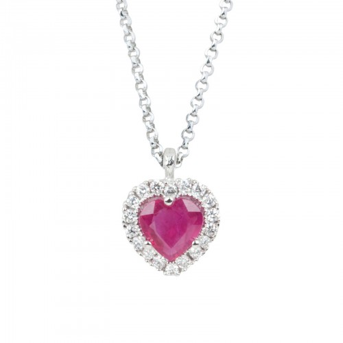 Collier Coeur Or blanc 750 Diamants et Rubis