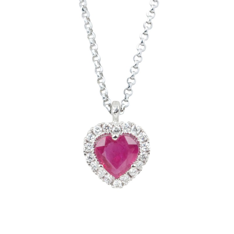 Collier Coeur Or blanc 750 Diamants et Rubis