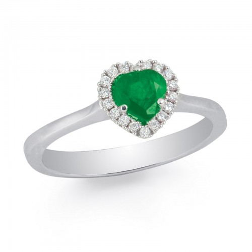 Bague coeur Or blanc 750 Diamants et Emeraude