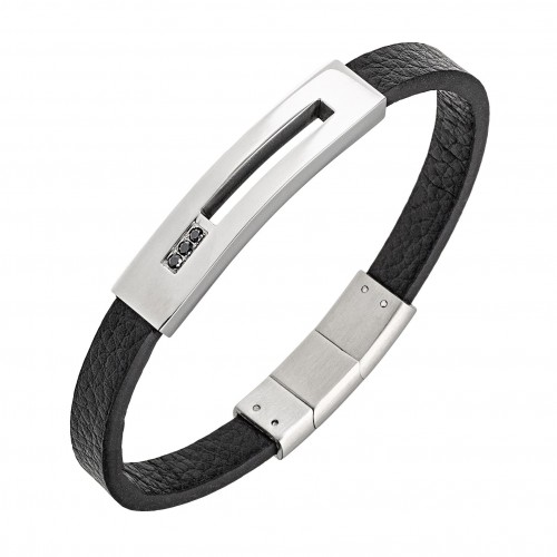 Bracelet All Blacks cuir, acier et diamants noir
