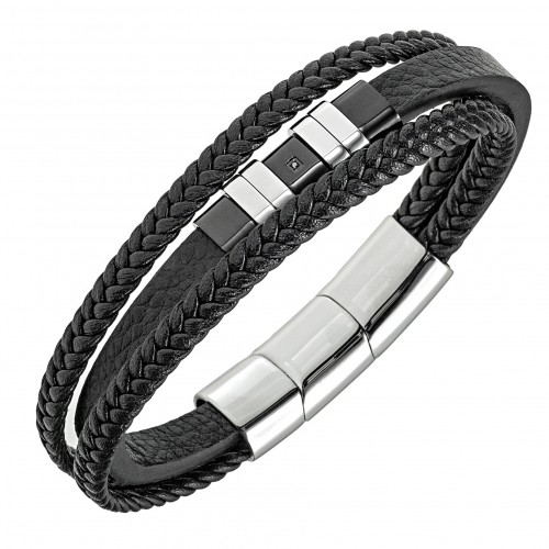 Bracelet All Blacks cuir et acier avec diamant noir
