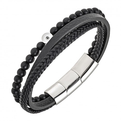 Bracelet All Blacks cuir et acier avec diamant noir