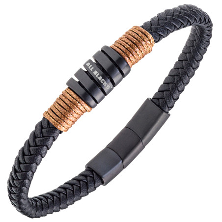 Bracelet All Blacks cuir noir et acier 682403