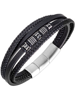 Bracelet All Blacks cuir noir et acier 682429
