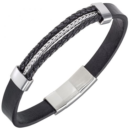 Bracelet All Blacks cuir noir et acier 682448