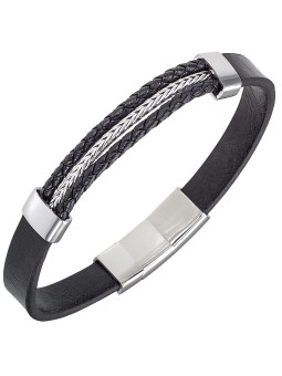 Bracelet All Blacks cuir noir et acier 682448