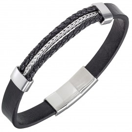 Bracelet All Blacks cuir noir et acier 682448