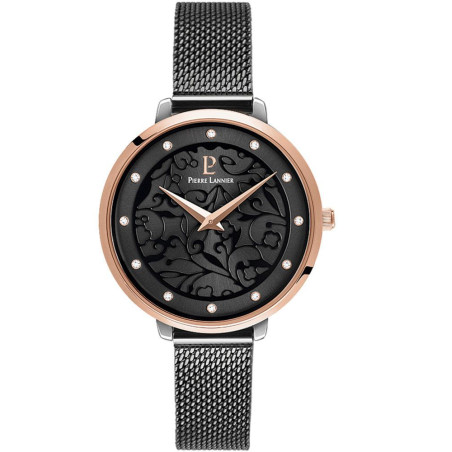 Montre femme Pierre Lannier bracelet milanais noir cadran motif fleuri noir 045L988