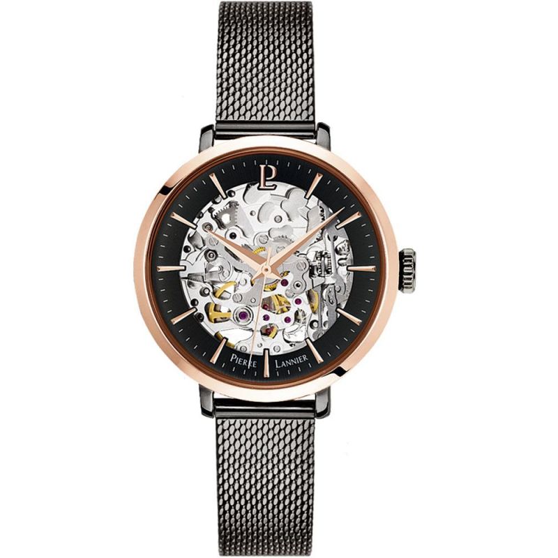 Montre automatique Pierre Lannier femme acier noire et or rose 314C988